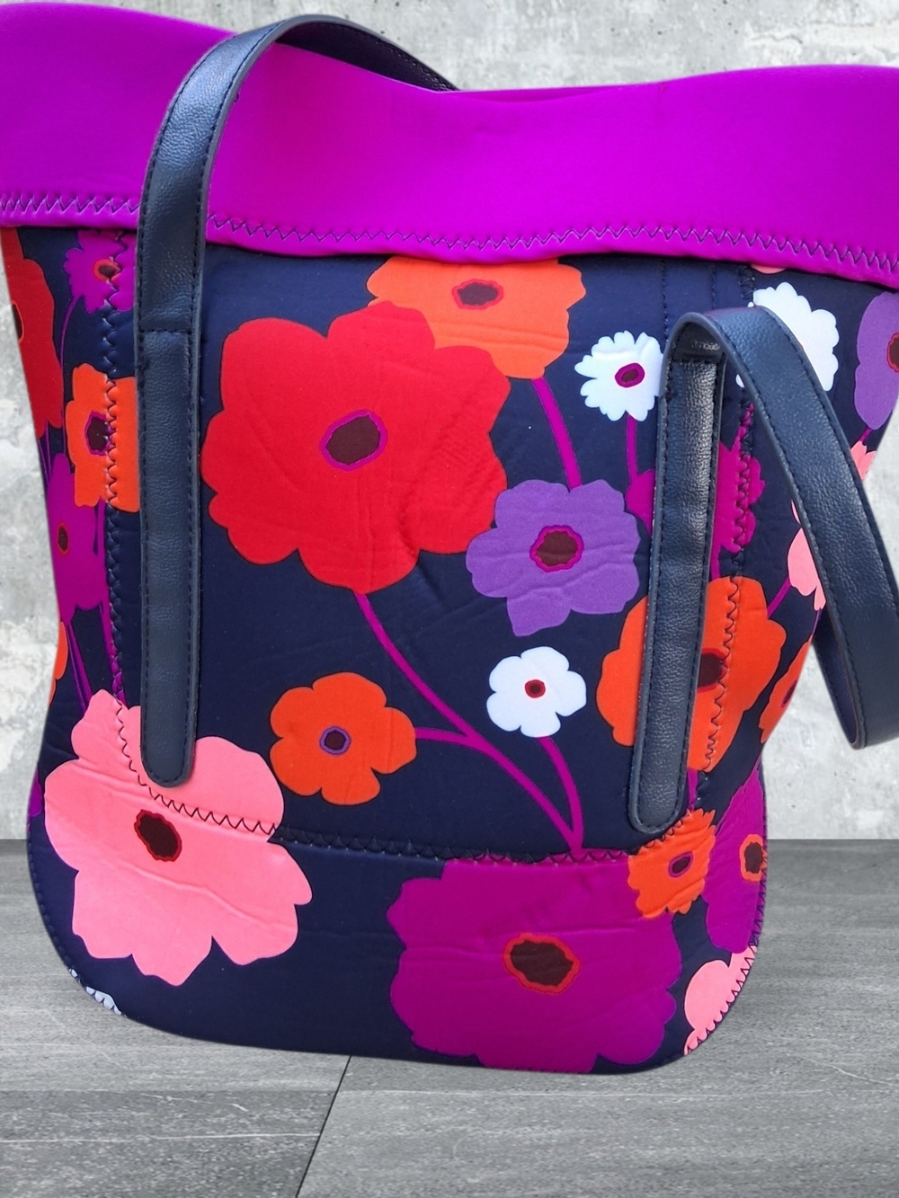 Floral Neoprene Small Tote Bag - Navy with Pink & Red Flowers Built NY